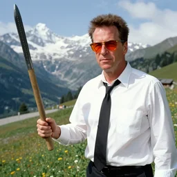 1 9 9 0 s john goodman from the big lebowski is finding a stranger in the alps, and is holding a crowbar, and is wearing sunglasses with orange lenses, a white business shirt, and a necktie.