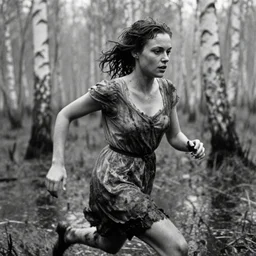movie still close - up of a woman in a dirty dress running in a swamp with birch forest, cinestill 8 0 0 t 3 5 mm b & w, heavy grain, high quality, high detail, mud, fog, rain