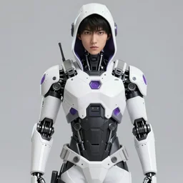 male ulzzang with white sci - fi tactical gear and hood, black cybernetic enhancements, purple crystal glass inlays, full shot fashion photography, by irving penn and storm thorgerson, ren heng