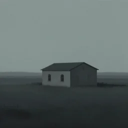 A serene landscape with a singular building in the style of a sad and dreadful matte painting