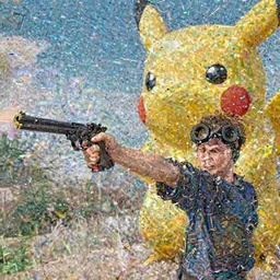 Leon Kennedy shooting a gun at a giant Pikachu