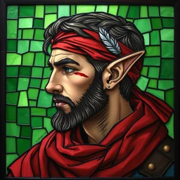 beautiful and detailed portrait of a iorveth, profile view, side view, scoia'tael leader, red bandana with a feather, scarred eye and cheek, pointy elf ear, shaven, stained glass art, by alphonse mucha, green mosaic background, very masterful