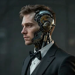a rugged young engineer man with cybernetic enhancements wearing a suit and bowtie, detailed face with small mask, scifi character portrait by greg rutkowski, esuthio, craig mullins, 1 / 4 headshot, cinematic lighting, dystopian scifi gear, gloomy, profile picture, mechanical, half robot, implants, steampunk
