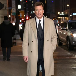 1 9 9 8 andy richter wearing a beige long overcoat over a black suit and necktie standing on the streets of chicago at night in winter.