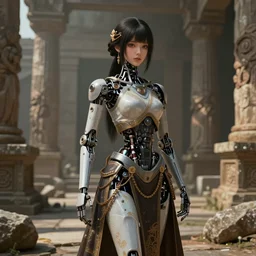 traditional brushes strokes, costume design from luxury house designers, sophisticated composition, old masters light composition, procedurally generated, micro-robotic girl character posing for cinema shot, ancient ruins behind her, substance designer, PBR, HD, Ultra detailed, hyperrealistic, megascans, volumetric light, concept by master artist, made in paint tool SAI2, trending pixiv face