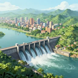 hydroelectric dam jungle city, matte painting