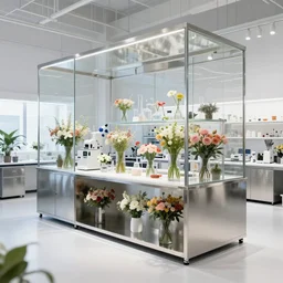 flower shop design by white science labotory, made of stainless steel and glass, laboratory equipment