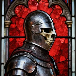 side - view portrait of a knight, helmet with spikes on top, visor in the shape of a human skull, gothic stained glass window, red mosaic background, very masterful