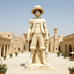 a giant marble statue of luffy from one piece (1997) in the center of a large square in an ancient mesopotamia city, award winning photo