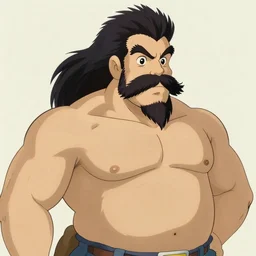 a middle - aged man with bulk muscles and black hair consists of an unruly, mostly swept - back mane and waist - length fu manchu mustache and spiked goatee, path traced, highly detailed, high quality, digital painting, by studio ghibli and alphonse mucha, leesha hannigan, hidari, disney