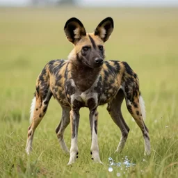 an african wild dog on the african plains, long grass, sparkling water, glistening, hyper realistic, hyper detailed, digital art, trending in artstation, cinematic lighting, studio quality, smooth render, unreal engine 5 rendered, octane rendered, art style by klimt and nixeu and ian sprigger and wlop and krenz cushart