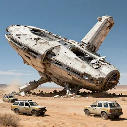 a giant spaceship smashed to pieces in the new mexico desert, government suvs, beksinski, wayne barlowe, very coherent symmetrical artwork, cinematic, hyper realism, high detail, octane render, 8 k