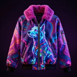 autumn season rave jacket with led skin and fluffy lining in the style of cyberdog, futuristic psychedelic hippy, product shot, dark background, neon lighting