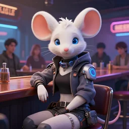 portrait of a female anthropomorphic albino mouse fursona wearing cyberpunk clothes sitting at a cyberpunk bar. character design by disney, charlie bowater, ross tran, artgerm, and makoto shinkai, detailed, soft lighting, rendered in octane