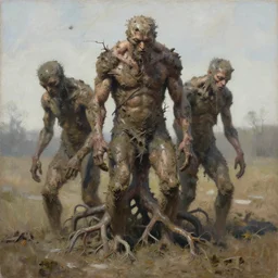 painting by jakub rozalski of a muddy rooted humanoid creatures