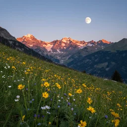 flower blooming a moon in the alps at sunset in the summer