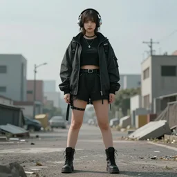beautiful full portrait of a girl, brunette curvy long hair, full - body shot, wearing cyberpunk headphones, streetwear, like a fashion model + high detailed, resolution beautifully detailed landscape 8 k, cinematic, 8 k, by bukurote + krenz cushart + ryota - h + wlop