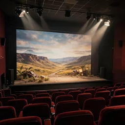 view inside from a bioscope cinema hall, unreal 5, hyperrealistic, realistic, photorealistic, dynamic lighting, highly detailed, cinematic landscape, studio landscape, studio lighting
