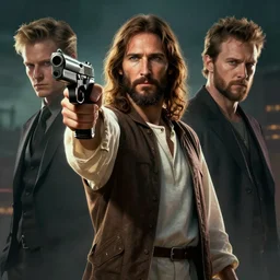 jesus with a gun, cinematic lighting, highly detailed, concept art, art by wlop and artgerm and greg rutkowski, masterpiece, trending on artstation