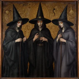 witches with haunting eyes, medieval painting