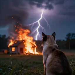 a photo of a siamese cat from back watching a house burn on fire, dramatic lightning, at midnight, smoke from fire, sparks, low depth field