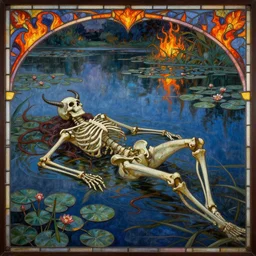 breathtaking detailed soft painting of a skeleton devil lying in a lake, in nympheas at night shore, in an intricate art nouveau stained glass of fire, rembrandt style, elegant, highly detailed, artstation, concept art, fantasy, art by joseph leyendecker, peter mohrbacher, ruan jia, finnian macmanus, marc simonetti, dean cornwell, ay