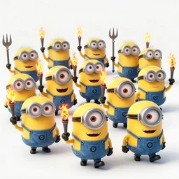 POV of a dozen minions chasing you angrily. The minions are carrying torches and pitchforks. The minions are angry. concept art, sharp lighting, 4k, detailed, Peter Jackson, Ridley Scott, bright colors