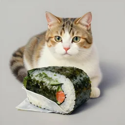 a beautiful picture of a cat rolled up into sushi, studio picture, realistic illustrative painting, artgerm, visionary arts, huang guangjian