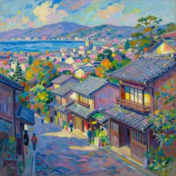 a beautiful japanese city near the sea, amazing ryokans and gorgeous edo era houses, cyberpunk, lofi vibe, colorful, vivide colors, oil painting in impressionist style, by jeremy lipkin, by claude monet, by makoto shinkai, multiple brush strokes, inspired by ghibli, masterpiece, beautiful