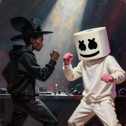 deadmau5 fighting Marshmello, epic painting, dramatic light