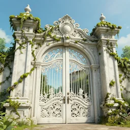 Intricate detailed monumental white gate covered with vines and moss, megascan textures, cinematic composition, Jim Burns, Craig Mullins, wide angle, in the style of hayao miyazaki + brian froud + kim jung gi, studio ghibli, beautiful high detail enhanced 8k render