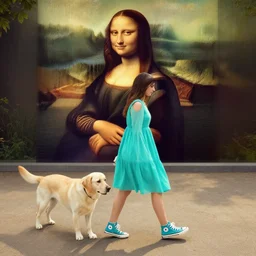 a young woman wearing a turquoise dress and high top sneakers walking a big labrador in the park!, looks like mona lisa, a beautiful lake in the background!, centered, extremely detailed, long shadows, a painting by leonardo da vinci