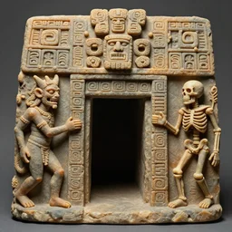 evocative play doh, mesoamerican by piero della francesca. in the center of the sculpture is a large gateway that seems to lead into abyss of darkness. on either side of the gateway are two figures, one a demon - like creature, the other a skeletal figure.