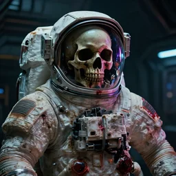 movie film still of a skull in a spacesuit in a spaceship, astronaut, highly detailed, 4 k, dark, grimy, colourful, cyberpunk, science fiction, cosmic, horror, blood