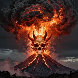 an active supervolcano exploding with fire and thick smoke in the shape of a demonic skull, dan seagrave art