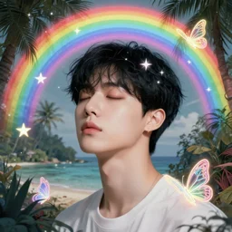 harmony of neon tiny butterfly stars, mute, coherent, fairies, portrait black haired yoongi eyes closed, tropical oasis, rainbow lineart! by wlop, james jean, victo ngai, rainbow overlay! beautifully lit, muted colors, highly detailed, fantasy art by craig mullins, thomas kinkade