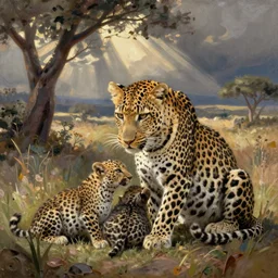 leopard mother playing with pups, oil painting, safari background