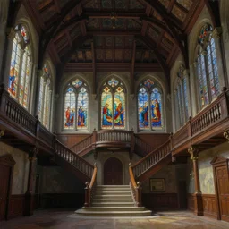 main hall of a castle with dark wood trim and stained glass windows, impossible architecture, with a grand staircase that leads to many balconies, subtle lovecraftian vibes, looking upwards, hyper detailed ethereal, oil painting, colored, mc escher