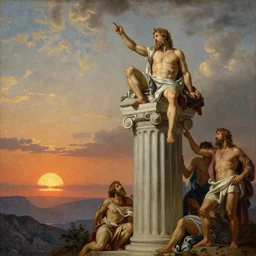 an awe-inspiring thomas cole style painting of Zeus contemplating humanity's predicament atop an enormous Greco-Roman column while the sun sets upon Mount Olympus in the distance