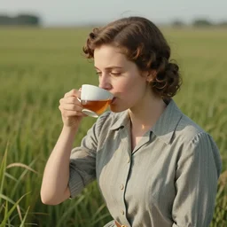 technicolor. a girl is drinking a cup of tea in a field. soft lighting. 1 9 3 0 s