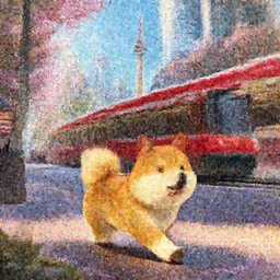 a wholesome illustration of a cartoon shiba inu wandering the streets of toronto, red TTC train, cn tower, studio Ghibli,  Pixar and Disney animation, sharp, Rendered in Redshift and Unreal Engine 5 by Greg Rutkowski, Bloom, dramatic lighting