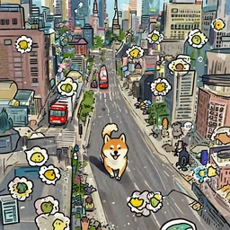 a wholesome illustration of a cartoon shiba inu wandering the streets of toronto, red TTC train, cn tower, studio Ghibli,  Pixar and Disney animation, sharp, Rendered in Redshift and Unreal Engine 5 by Greg Rutkowski, Bloom, dramatic lighting
