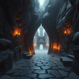 wide angle architecture photography of dark fantasy castle!!!!!!, pathway through abstract portal cave exit to otherworldly castle, ( ( ( fog ) ) ), torches on cave walls, high sci - fi fantasy, cryengine 8 k render, artwork by world of warcraft mass effect dnd overwatch dark souls, moody light 6, warm color palette
