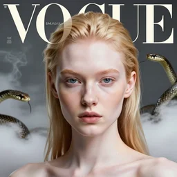 3 d, sci - fi, close - up, blonde fashion model with pigment condition vitiligo, cinematic, clouds, steam, snakes on background, vogue cover style, poster art, deep blue mood, realistic painting, intricate oil painting, high detail illustration, figurative art, multiple exposure, poster art, by tooth wu and wlop and beeple and greg rutkowski