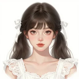a beautiful digital illustration sketch portrait of a pretty greek girl, beautiful brown eyes, eyelashes, bangs and twintails, dark hair with bow ties, wearing a white lace dress. ilya kuvshinov