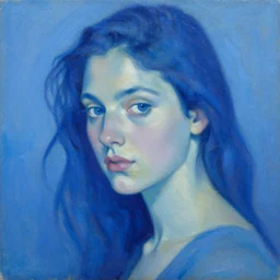 A vibrant oil painting in shades of blue, close up of a female  by Françoise NIELLY, trending on Artstation:3
