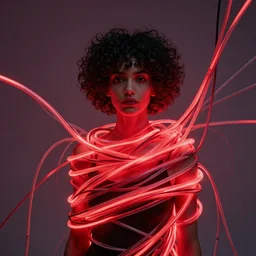 zaha hadid design wrapped around by glowing tubes and cables, short black curly hair, glowing red