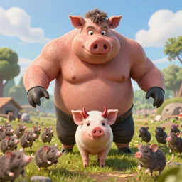 a hyper realistic of a giant hog man summoning a mini devil pig while a rat army runs away