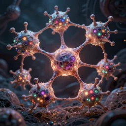 quantum connections represented as symbiotic organisms like cells playing around with colorful lights by ernst haeckel, solid