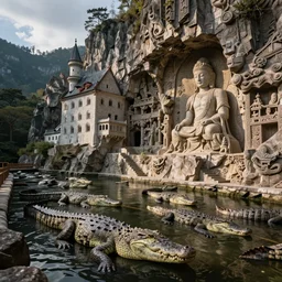 castle carved into the side of a mountain with a moat full of crocodile